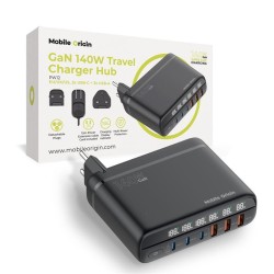 Incarcator de voiaj Hub Mobile Origin GaN 140W cu adaptoare EU/UK/US