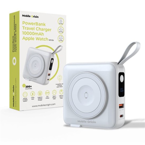 Baterie externa si incarcator voiaj Mobile Origin, cabluri integrate, compatibil MagSafe, alb (Baterii Externe, PBT-03L-WHT) by www.silkase.ro