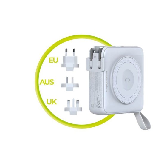 Baterie externa si incarcator voiaj Mobile Origin, cabluri integrate, compatibil MagSafe, alb (Baterii Externe, PBT-03L-WHT) by www.silkase.ro