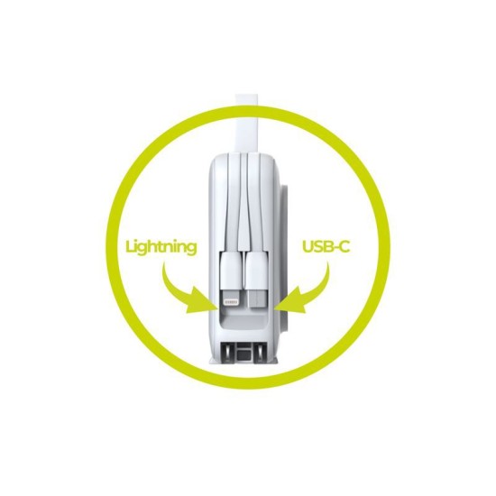 Baterie externa si incarcator voiaj Mobile Origin, cabluri integrate, compatibil MagSafe, alb (Baterii Externe, PBT-03L-WHT) by www.silkase.ro