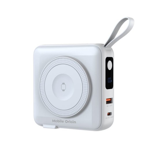 Baterie externa si incarcator voiaj Mobile Origin, cabluri integrate, compatibil MagSafe, alb (Baterii Externe, PBT-03L-WHT) by www.silkase.ro