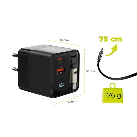 Incarcator Rapid Mobile Origin PW2, GaN 65W, Cablu USB-C Retractabil, Port USB-C si USB-A, Display Digital Incarcator Rapid Mobile Origin PW2, GaN 65W, Cablu USB-C Retractabil, Port USB-C si USB-A, Display Digital (Incarcatoare, MO-65WDCH-PW2) by www.silkase.ro