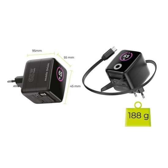 Încărcător GaN Mobile Origin PW3 65W cu Ecran, Cablu USB-C Retractabil, USB-C și USB-A Încărcător GaN Mobile Origin PW3 65W cu Ecran, Cablu USB-C Retractabil, USB-C și USB-A (Incarcatoare, MO-65WDCH-PW3) by www.silkase.ro