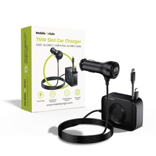 Încărcător Auto 5în1 Mobile Origin CA23, 75W, 2x USB-C, USB-A, 2 Cabluri USB-C (Accesorii auto, MO-75WCCH-CA23) by www.silkase.ro