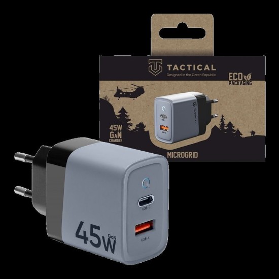 Încărcător Rețea Tactical Microgrid GaN 45W (USB-C + USB-A), Gri (Bakr, 57983117438) by www.silkase.ro