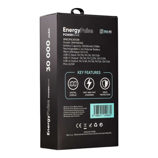 Baterie Externă OBAL:ME EnergyPulse 30000mAh, 22.5W, Neagră (Bakr, OMPWB30K) by www.silkase.ro