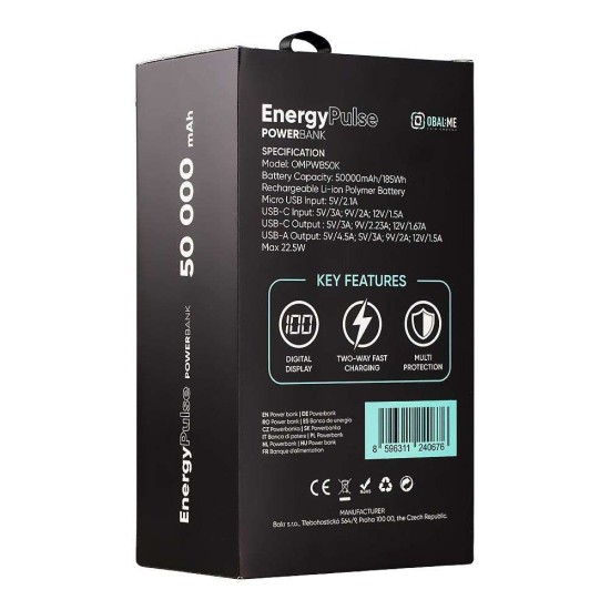Baterie Externă OBAL:ME EnergyPulse 50000mAh, 22.5W, Neagră (Bakr, OMPWB50K) by www.silkase.ro