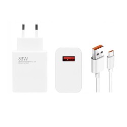 Pachet Încărcător Rețea Xiaomi (MDY-14-EL) USB-A 33W + Cablu USB-C 6A, Alb (Bulk)