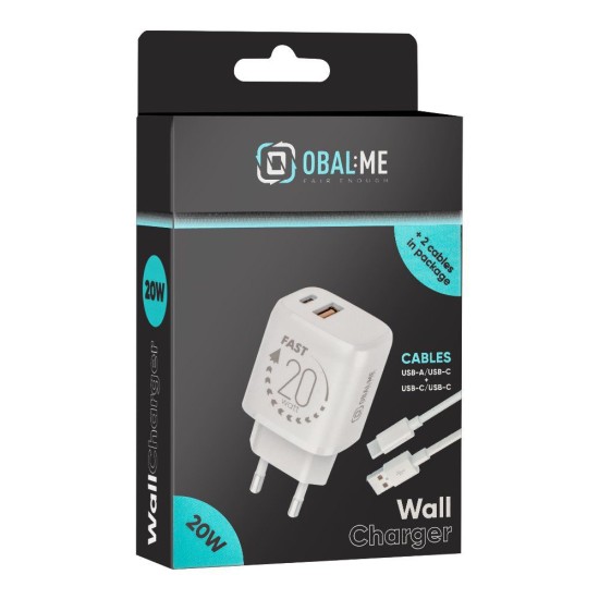 Pachet Încărcător Rețea OBAL:ME 20W (USB-A + USB-C) + 2x Cabluri 1m, Alb Pachet Încărcător Rețea OBAL:ME 20W (USB-A + USB-C) + 2x Cabluri 1m, Alb (Bakr, OM20WCASET) by www.silkase.ro