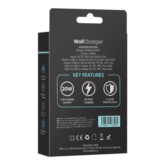 Pachet Încărcător Rețea OBAL:ME 20W (USB-A + USB-C) + 2x Cabluri 1m, Alb Pachet Încărcător Rețea OBAL:ME 20W (USB-A + USB-C) + 2x Cabluri 1m, Alb (Bakr, OM20WCASET) by www.silkase.ro