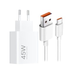 Pachet Încărcător Rețea Xiaomi (MDY-17-EF) USB-A 45W + Cablu USB-C 6A, Alb (Bulk)