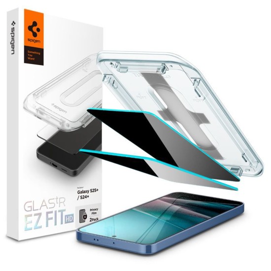 Set 2 folii sticla cu sistem de montare Case friendly Spigen GLAStR EZ FIT HD compatibil cu Samsung Galaxy S24 Plus / S25 Plus Privacy (Ingredi, AGL09307) by www.silkase.ro