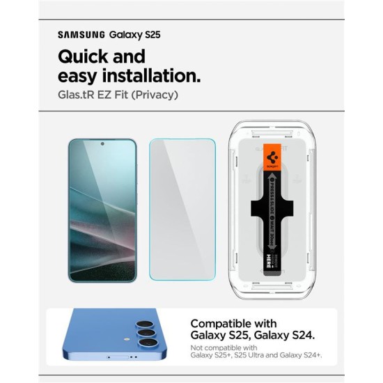 Set 2 folii sticla cu sistem de montare Case friendly Spigen GLAStR EZ FIT HD compatibil cu Samsung Galaxy S24 / S25 Privacy (Ingredi, AGL09308) by www.silkase.ro