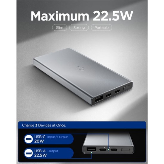 Baterie externa Spigen Essential 10000mAh 22.5W, gri (Spigen, Ingredi) by www.silkase.ro Baterie externa Spigen Essential 10000mAh 22.5W, gri (Baterii Externe, ABA09432) by www.silkase.ro