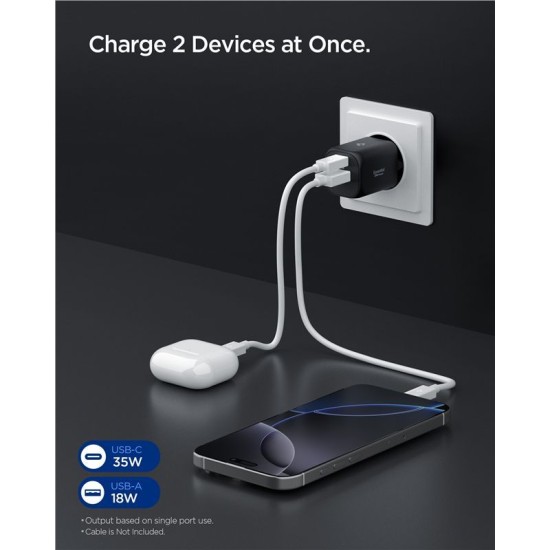 Încărcător de rețea Spigen Essential 35W EE352EU, Tehnologie Dual Port, Fast Charging, Negru (Șnururi și Curele Telefon, ACH09463) by www.silkase.ro