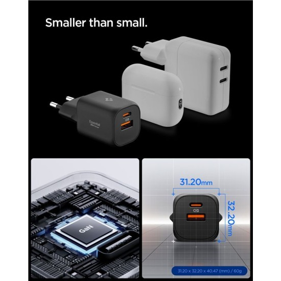 Încărcător de rețea Spigen Essential 35W EE352EU, Tehnologie Dual Port, Fast Charging, Negru (Șnururi și Curele Telefon, ACH09463) by www.silkase.ro