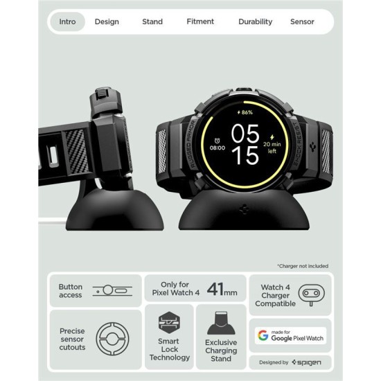SPIGEN Husă cu Curea și Stand Rugged Armor Pro Google Pixel Watch 4 (41mm - 1.2 inch), Negru Mat (Pixel Watch 4, ACS09484) by www.silkase.ro