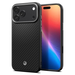 Husa premium din fibra de aramida Spigen Enzo Aramid T pentru iPhone 17 Pro Max, negru argintiu