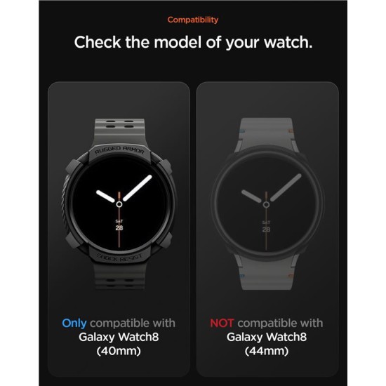 Carcasa de protectie Spigen Rugged Armor pentru Samsung Galaxy Watch 8 40mm, negru mat (Spigen, Ingredi) by www.silkase.ro SPIGEN Carcasă Protecție Rugged Armor Samsung Galaxy Watch 8 (40mm - 1.3 inch), Negru Mat (Ingredi, ACS10004) by www.silkase.ro