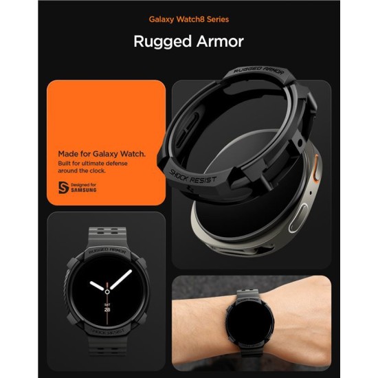 Carcasa de protectie Spigen Rugged Armor pentru Samsung Galaxy Watch 8 44mm, negru mat (Spigen, Ingredi) by www.silkase.ro SPIGEN Carcasă Protecție Rugged Armor Samsung Galaxy Watch 8 (44mm - 1.4 inch), Negru Mat (Ingredi, ACS10006) by www.silkase.ro