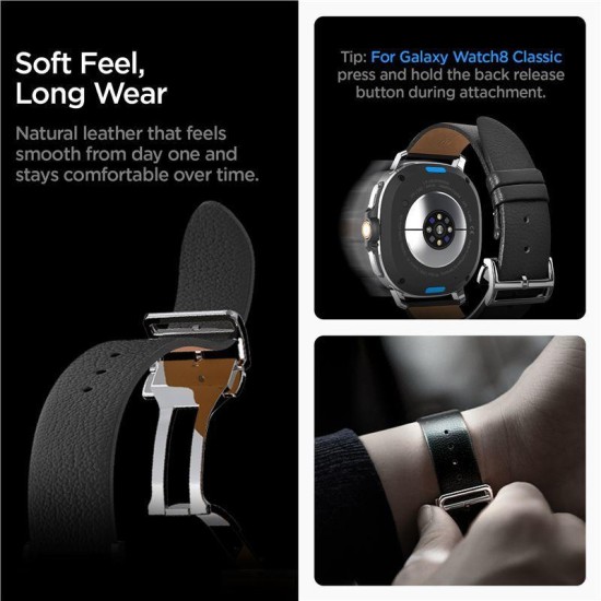 Curea premium din piele si nylon Spigen Enzo Band pentru Samsung Galaxy Watch 8, neagra (Curele Ceas, AMP10119) by www.silkase.ro