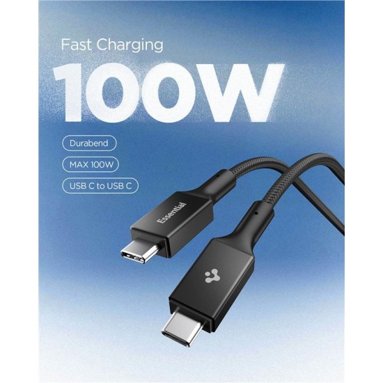Cablu Spigen Essential USB-C la USB-C, 100W, Invelis Textil Durabil, Negru EB10015CC (Ingredi, ACA10421) by www.silkase.ro