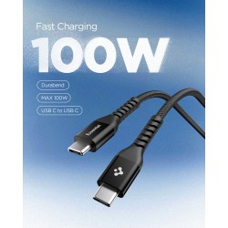 Cablu de Date Spigen Essential USB-C la USB-C, 100W, Material Textil, Negru EB10010CCA Cablu de Date Spigen Essential USB-C la USB-C, 100W, Material Textil, Negru EB10010CCA