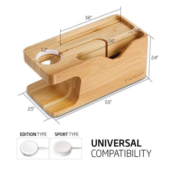 Suport pentru Apple Watch + iPhone S370, Spigen, Bambus (Ingredi, 000ST20295) by www.silkase.ro