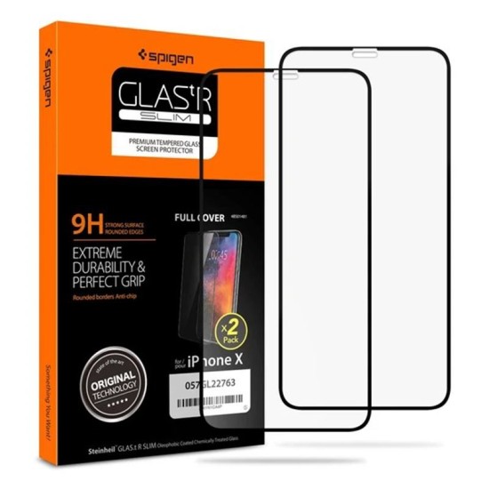 Folie pentru iPhone X / iPhone XS / iPhone 11 Pro (set 2) - Spigen Glas.tR Slim - Black (Ingredi, 057GL23120) by www.silkase.ro