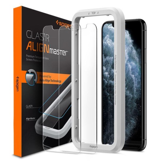 Set 2 x Folie ecran Spigen AlignMaster Glas.tR Slim, pentru iPhone 11 Pro, 9H, Transparent (Ingredi, AGL00109) by www.silkase.ro