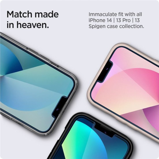 Folie sticla cu sistem de montare Case friendly Spigen GLAS.tR EZ FIT compatibila cu iPhone 13/13 Pro/14/16e (Ingredi, AGL03724) by www.silkase.ro