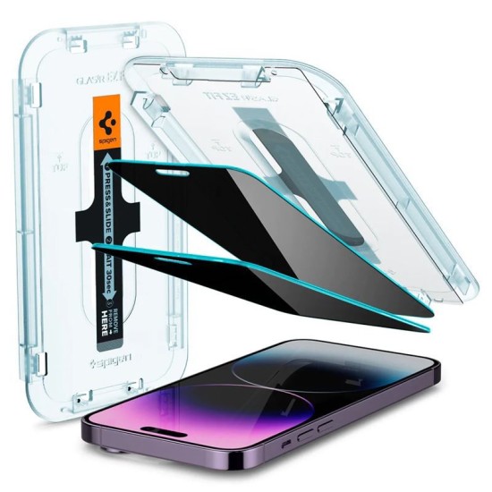 Set 2 folii sticla cu sistem de montare Case friendly Spigen GLAStR EZ FIT compatibil cu iPhone 14 Pro Max Privacy (Ingredi, AGL05203) by www.silkase.ro