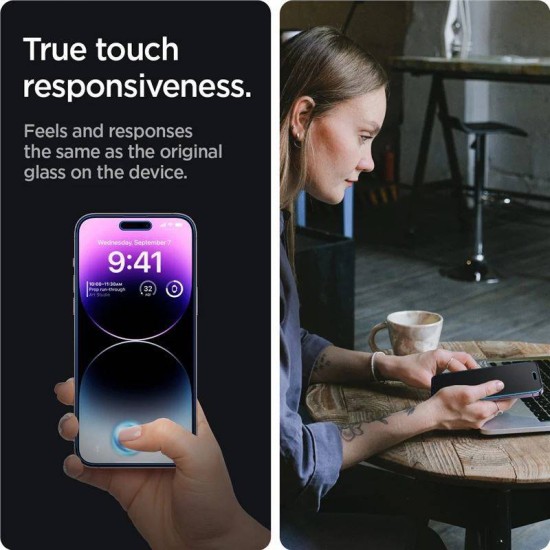 Set 2 folii sticla cu sistem de montare Case friendly Spigen GLAStR EZ FIT compatibil cu iPhone 14 Pro Max Privacy (Ingredi, AGL05203) by www.silkase.ro