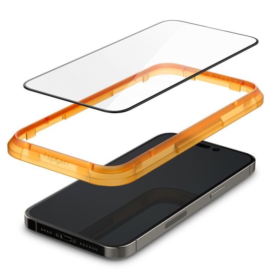 Set 2 folii sticla cu sistem de montare Case friendly Spigen ALM Glass FC compatibila cu iPhone 14 Pro Max Black (Ingredi, AGL05204) by www.silkase.ro