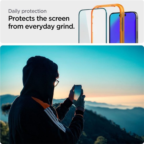 Set 2 folii sticla cu sistem de montare Case friendly Spigen ALM Glass FC compatibila cu iPhone 14 Pro Max Black (Ingredi, AGL05204) by www.silkase.ro