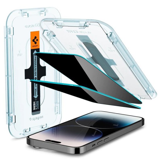 Set 2 folii sticla cu sistem de montare Case friendly Spigen GLAStR EZ FIT compatibil cu iPhone 14 Pro Privacy (Ingredi, AGL05215) by www.silkase.ro