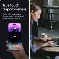 Set 2 folii sticla cu sistem de montare Case friendly Spigen GLAStR EZ FIT compatibil cu iPhone 14 Pro Privacy