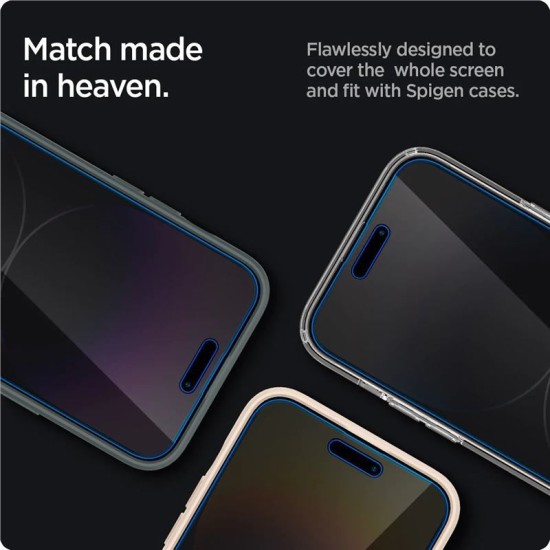 Set 2 folii sticla cu sistem de montare Case friendly Spigen GLAStR EZ FIT compatibil cu iPhone 14 Pro Privacy (Ingredi, AGL05215) by www.silkase.ro