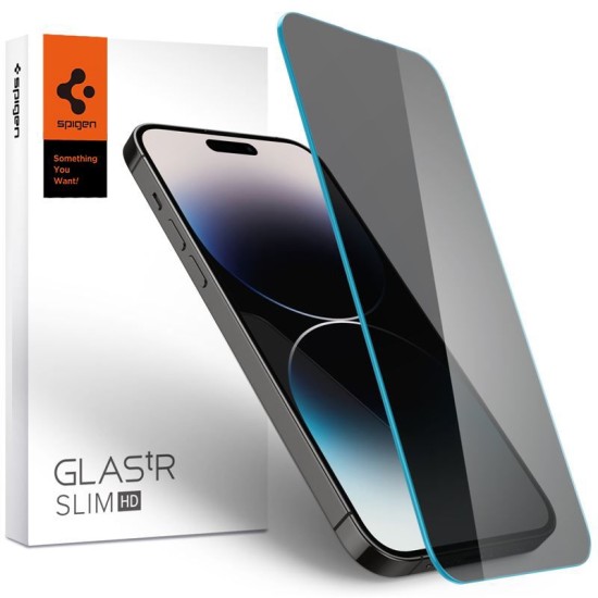 Folie sticla transparenta Case friendly Spigen GLAStR SLIM compatibila cu iPhone 14 Pro Privacy (Ingredi, AGL05223) by www.silkase.ro