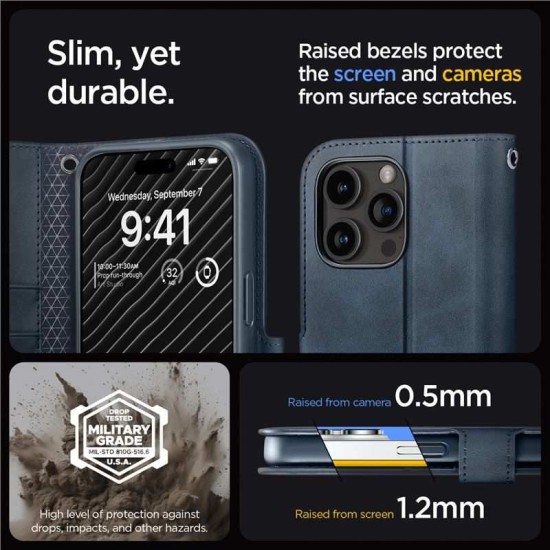Husa cu snur Spigen Wallet S Pro compatibila cu iPhone 15 Pro Max Navy Blue (iPhone 15 Pro Max, ACS06606) by www.silkase.ro