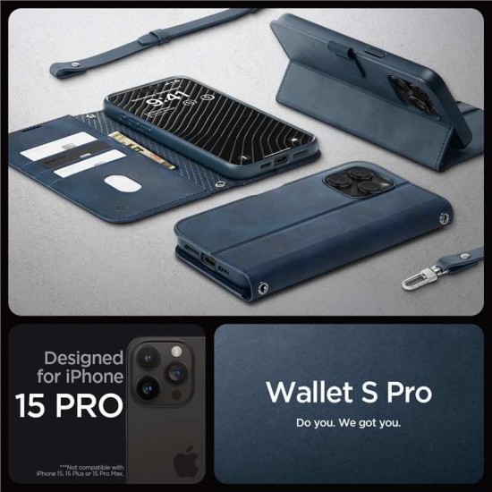 Husa cu snur Spigen Wallet S Pro compatibila cu iPhone 15 Pro Navy Blue (iPhone 15 Pro, ACS06741) by www.silkase.ro