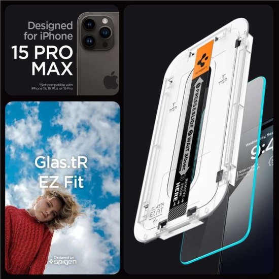 Set 2 folii sticla cu sistem de montare Case friendly Spigen GLAStR EZ FIT compatibil cu iPhone 15 Pro Max (Spigen, Ingredi) by www.silkase.ro Set 2 folii sticla cu sistem de montare Case friendly Spigen GLAStR EZ FIT compatibil cu iPhone 15 Pro Max (Ingredi, AGL06872) by www.silkase.ro