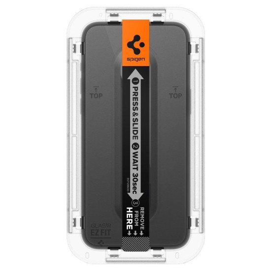 Set 2 folii sticla cu sistem de montare Spigen GLAStR EZ FIT compatibil cu iPhone 15 Pro Max Black (Ingredi, AGL06873) by www.silkase.ro