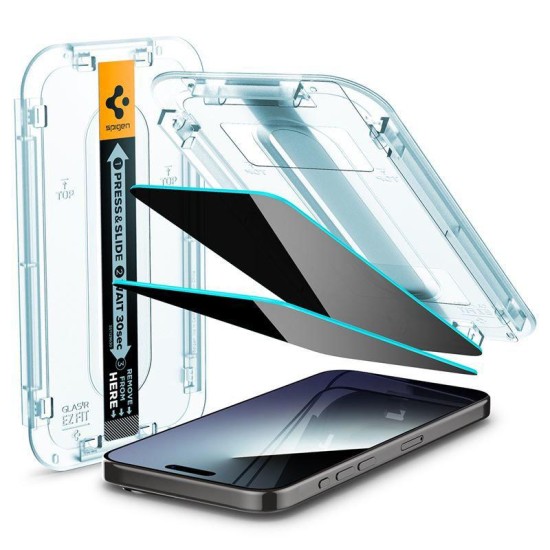 Set 2 folii sticla cu sistem de montare Case friendly Spigen GLAStR EZ FIT compatibil cu iPhone 15 Pro Max Privacy (Ingredi, AGL06874) by www.silkase.ro