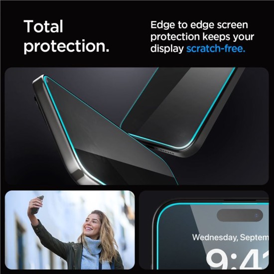 Set 2 folii sticla cu sistem de montare Case friendly Spigen GLAStR EZ FIT compatibil cu iPhone 15 Pro Max Privacy (Ingredi, AGL06874) by www.silkase.ro