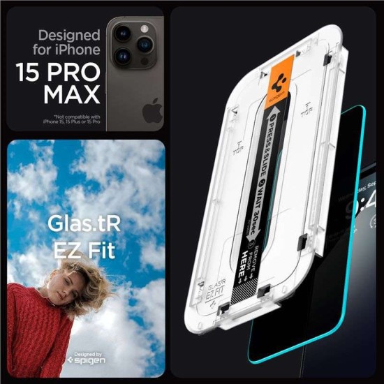 Set 2 folii sticla cu sistem de montare Case friendly Spigen GLAStR EZ FIT compatibil cu iPhone 15 Pro Max Privacy (Ingredi, AGL06874) by www.silkase.ro
