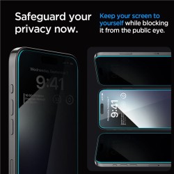 Set 2 folii sticla cu sistem de montare Case friendly Spigen GLAStR EZ FIT compatibil cu iPhone 15 Pro Max Privacy