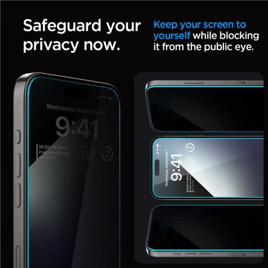 Set 2 folii sticla cu sistem de montare Case friendly Spigen GLAStR EZ FIT compatibil cu iPhone 15 Pro Max Privacy (Ingredi, AGL06874) by www.silkase.ro