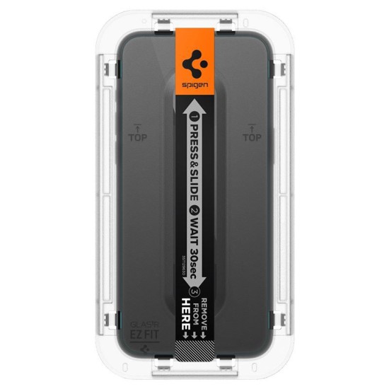 Set 2 folii sticla cu sistem de montare Case friendly Spigen GLAStR EZ FIT compatibil cu iPhone 15 Pro Max Privacy (Ingredi, AGL06874) by www.silkase.ro