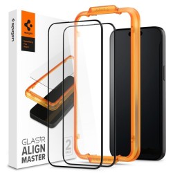 Set 2 folii de sticla securizate, Spigen, Pentru iPhone 15 Pro Max, Negru/Transparent